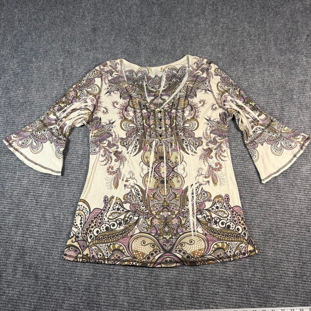 One World Paisley Knit Top Womens XL Purple Cream Excellent Bell Sleeve Boho